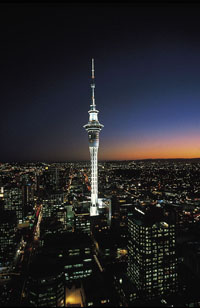 Photographer: Unknown. Aukland Skytower at Night, Auckland, New Zealand