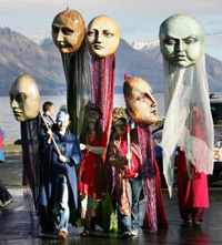 Copyright Barry Harcourt, Masks on parade in Lindauer Queenstown Winter Festival, New Zealand Queenstown Winter Festival