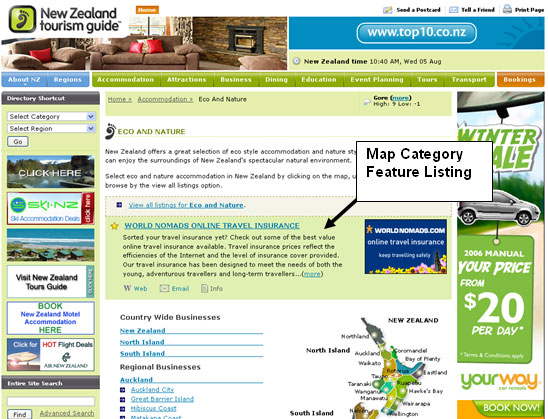 Map Category Feature Listing, New Zealand Tourism Guide