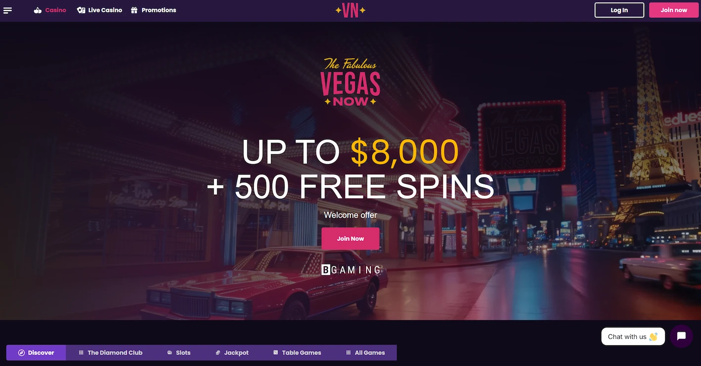 VegasNow casino frontpage showing welcome bonus offer and site navigation