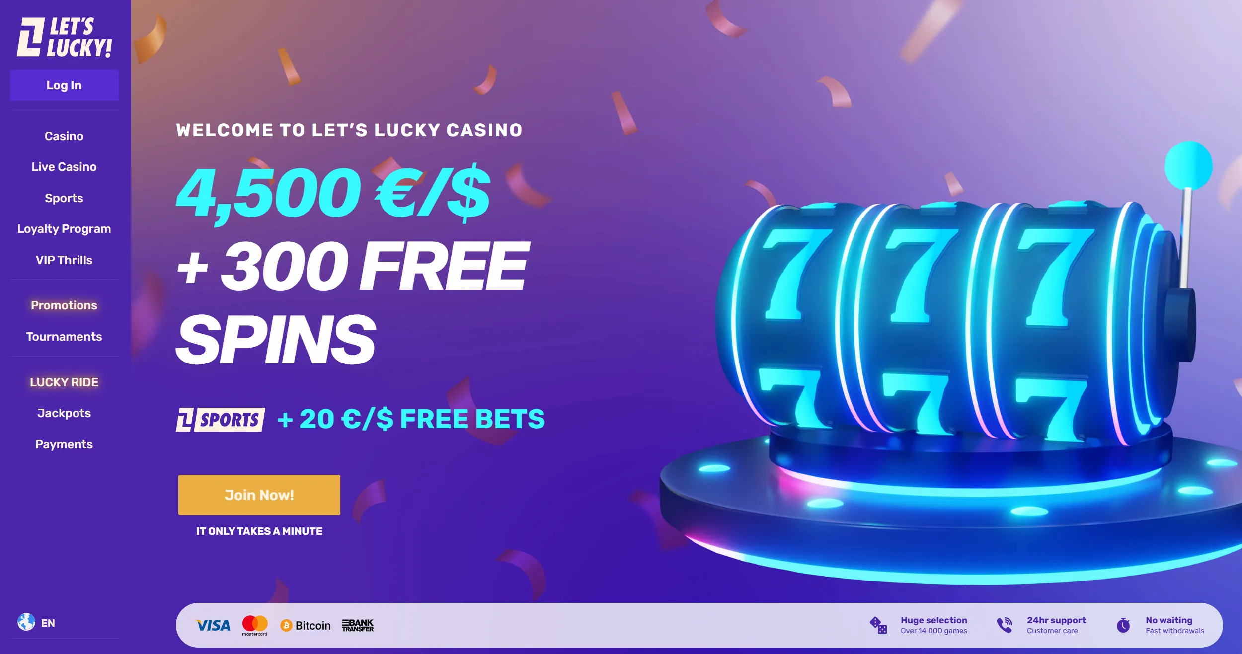 Lets Lucky casino frontpage showing welcome bonus offer and site navigation