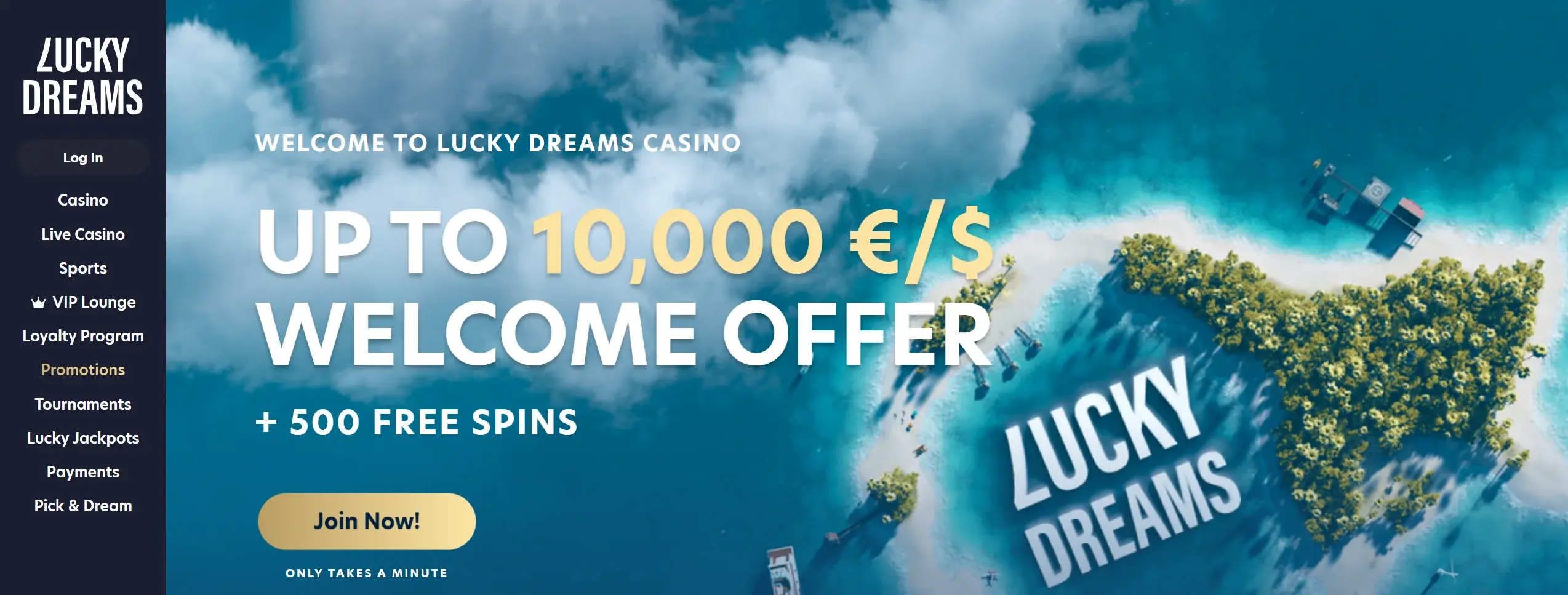 Lucky Dreams casino frontpage showing welcome bonus offer and site navigation