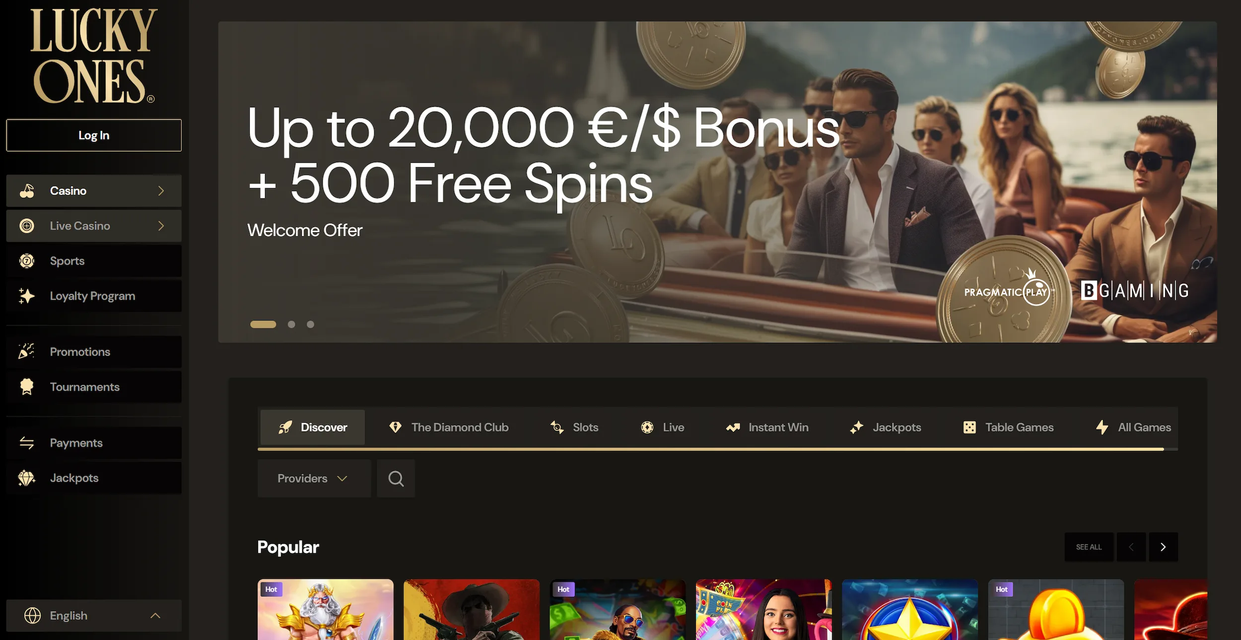 LuckyOnes casino frontpage showing welcome bonus offer, selection of online pokies and site navigation